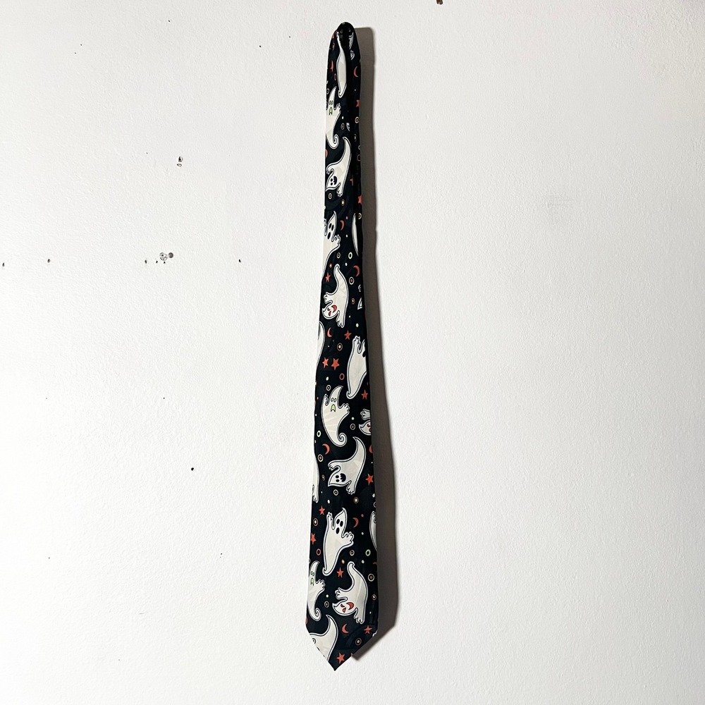 Vintage Halloween Tie Mens Ghost Print Necktie Novelty Spooky Tie